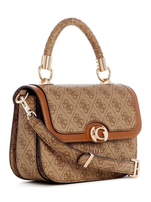 Guess Latte Logo Brown Printed Orlina Logo Top Handle Satchel Bag