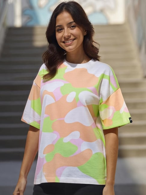 Bewakoof Women's Multicolor Camouflage Printed Oversized T-Shirt