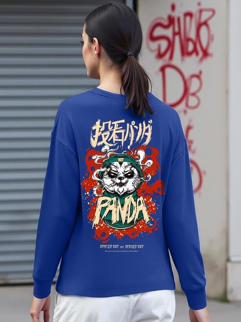 Bewakoof Women's Blue Stoned Panda Graphic Printed Oversized T-Shirt