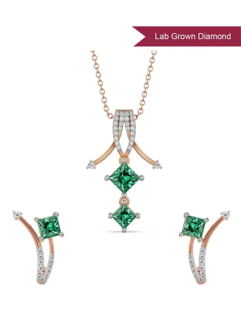 EMORI 14k (585) Rose Gold Emerald Delight Lab Grown Diamond Necklace & Earring Set