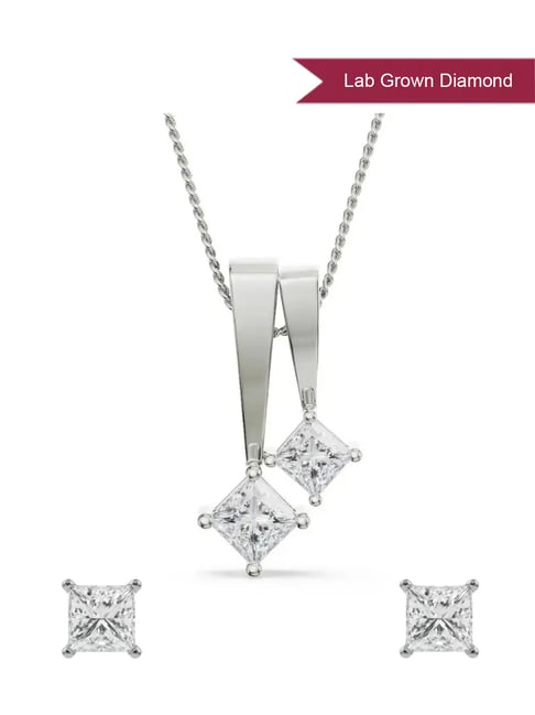 EMORI 18k (750) White Gold Princess Lab Grown Diamond Necklace & Earring Set