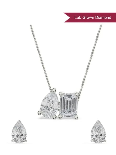 EMORI 18k (750) White Gold Pear Emerald Lab Grown Diamond Necklace & Earring Set-picture-29