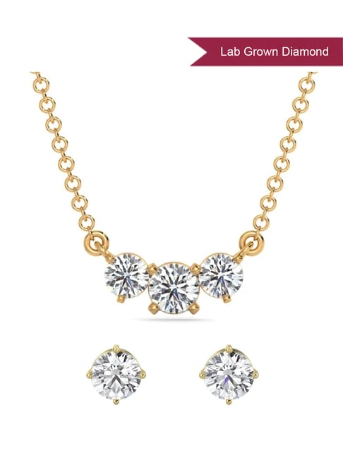 EMORI 18k (750) Yellow Gold Triple Solitaire Lab Grown Diamond Necklace & Earring Set