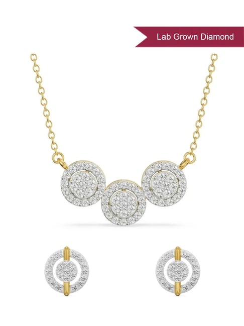 EMORI 14k (585) Yellow Gold Halo Round Lab Grown Diamond Necklace & Earring Set