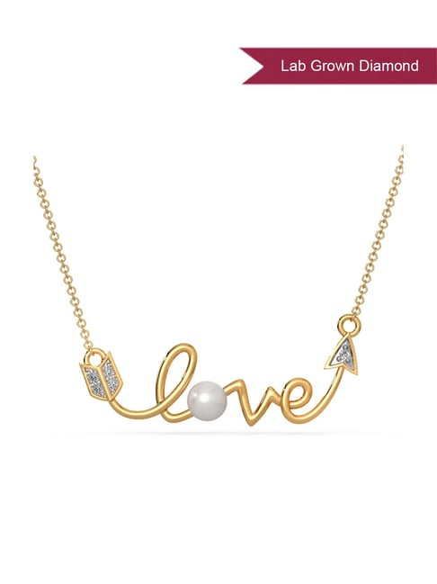 EMORI 14k (585) Yellow Gold Lab Grown Diamond & Pearl Love Necklace for Women
