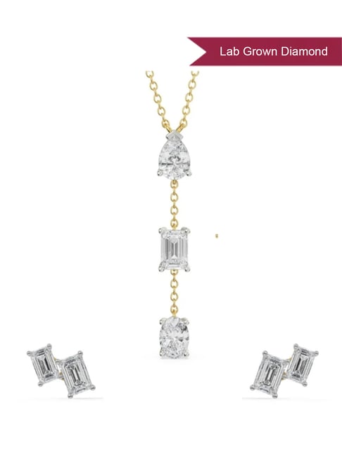 EMORI 18k (750) Yellow Gold Emerald Tri Lab Grown Diamond Necklace & Earring Set