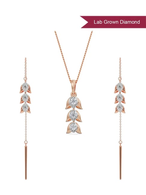 EMORI 14k (585) Rose Gold Sui Dhaga Lab Grown Diamond Necklace & Earring Set