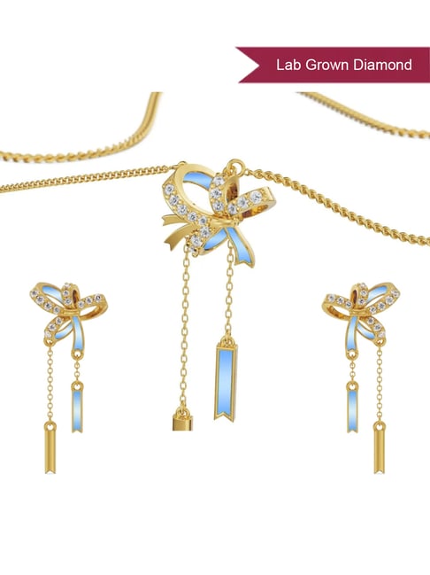 EMORI 18k (750) Yellow Gold Charming Bow Tassel Lab Grown Diamond Necklace & Earring Set