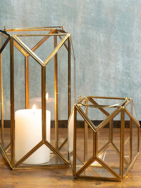 Whispering Homes Terrarium Gold Metal & Glass Geometric Candle Lantern - Large
