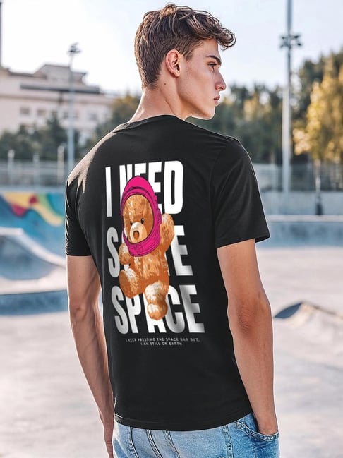 Bewakoof Men's Black I Need Some Space Teddy Graphic Printed T