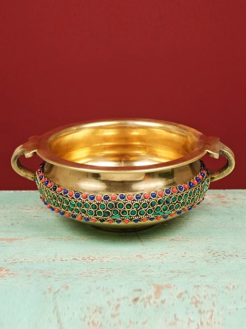 Ekaa Handicrafts Gold Brass, Stonework Urli Bowl