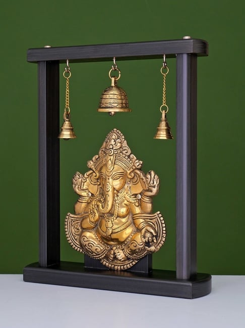 Ekaa Handicrafts Gold Brass Ganesha On A Frame With Three Temple Bells-picture-35