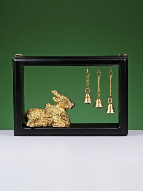 Ekaa Handicrafts Gold Brass Nandi With Bells On Wooden Frame-picture-31