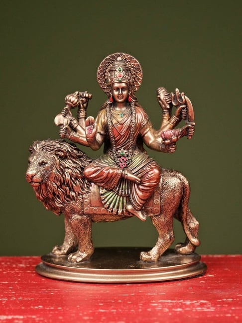 Ekaa Handicrafts Multicolour Bonded Bronze Goddess Durga Maa On Lion