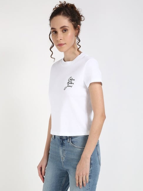 CALVIN KLEIN JEANS Bright White Logo Cropped Fit Cotton T-Shirt