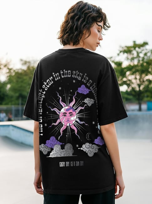 Bewakoof Women's Black Brightest Star Graphic Printed Oversized T-Shirt