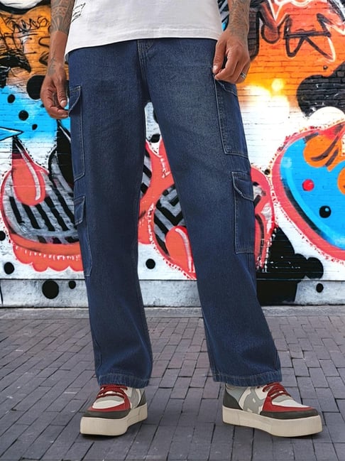Bewakoof Blue Blended Loose Fit Solid Cargo Jeans-picture-31