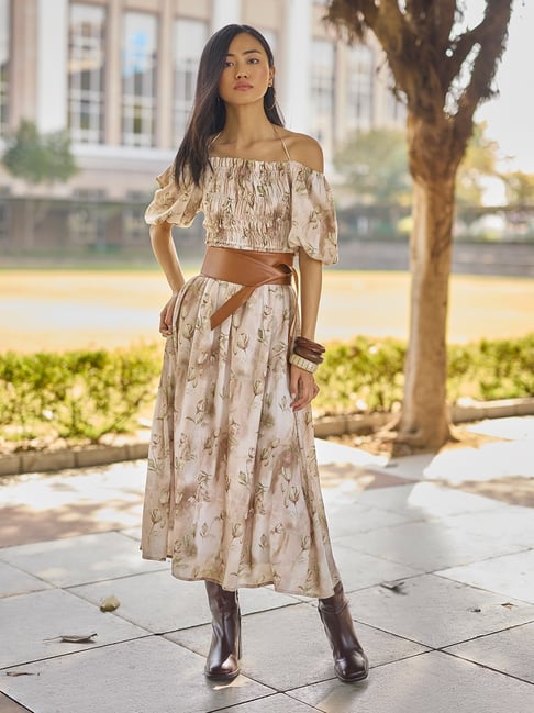 Crimsoune Club Brown Cotton Floral Maxi Dress