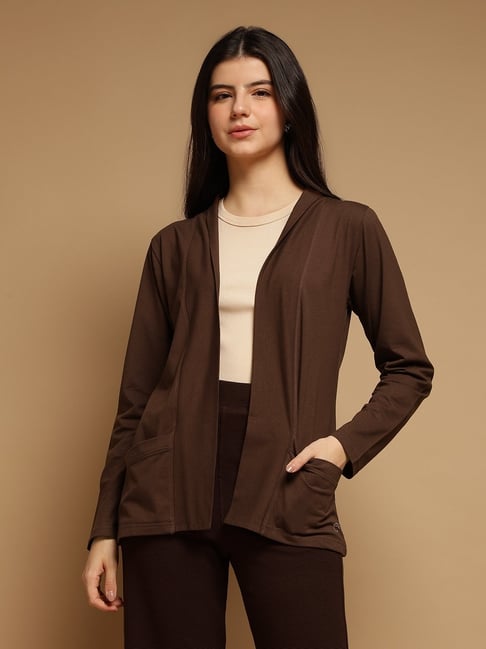 FEMEA Brown Cotton Blend Solid Long Sleeves Front Open Shrug-picture-46