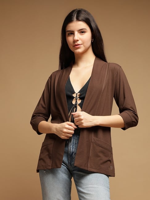 FEMEA Brown Cotton Blend Solid Long Sleeves Front Open Shrug-picture-27