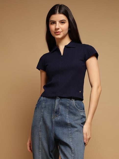 FEMEA Navy Cotton Solid Short Sleeves Crop Top