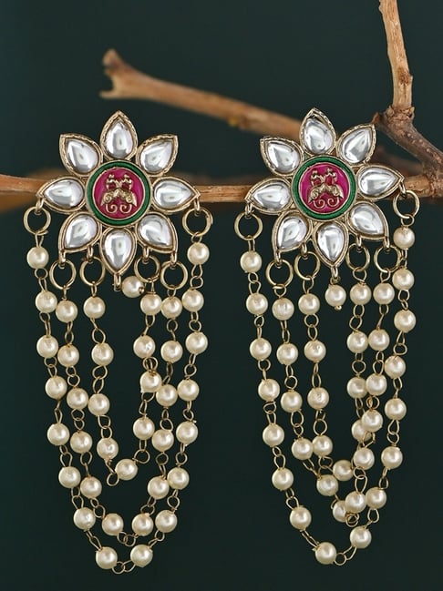 Fida Multicolor Kundan & Pearl Tasselled Floral Dangler Earrings-picture-40