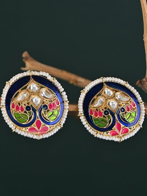 Fida Navy Meenakari Stud Earrings with Round Pearl Edging-picture-29