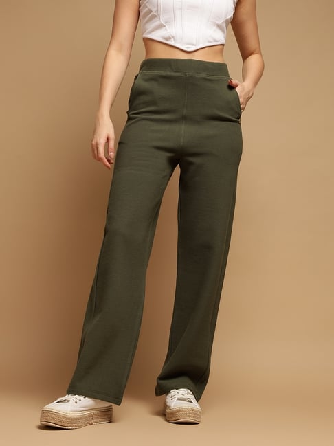 FEMEA Olive Cotton Blend Solid Trackpants-picture-36