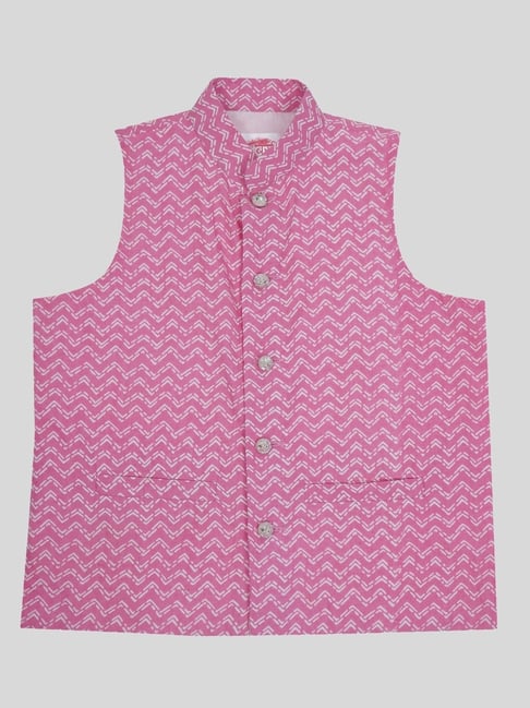 Little Bansi Boys Pink Regular Fit Printed Nehru Jacket
