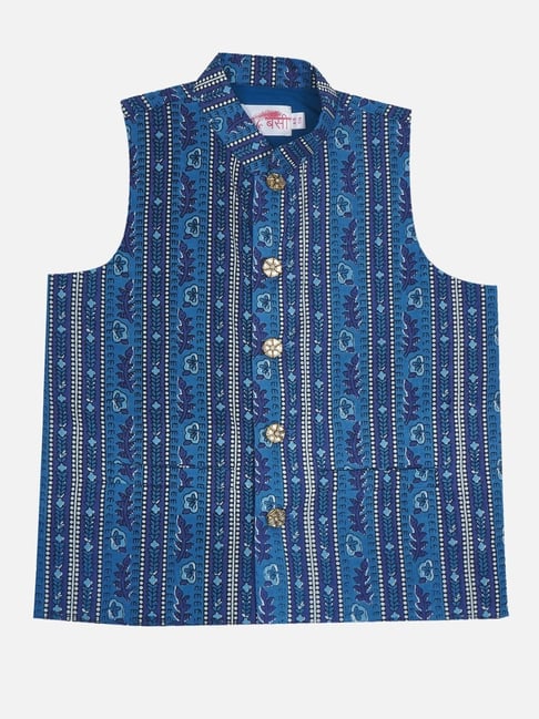 Little Bansi Boys Blue Regular Fit Printed Nehru Jacket