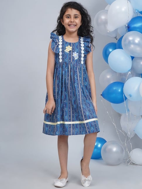 Little Bansi Girls Blue Regular Fit Printed Dress-picture-11