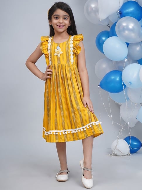 Little Bansi Girls Yellow Regular Fit Printed Dress-picture-12