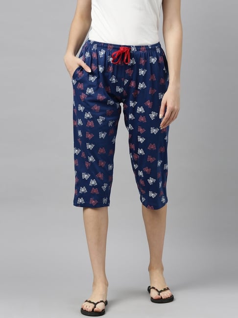 Kryptic Navy Blue Cotton Printed Capris