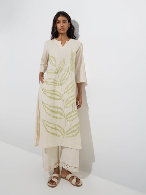 Utsa by Westside Off-White Leaf Patterned Cotton-Blend A-Line Kurta-picture-40
