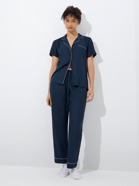 Wunderlove by Westside Navy Solid Shirt and Pyjamas Set-picture-14