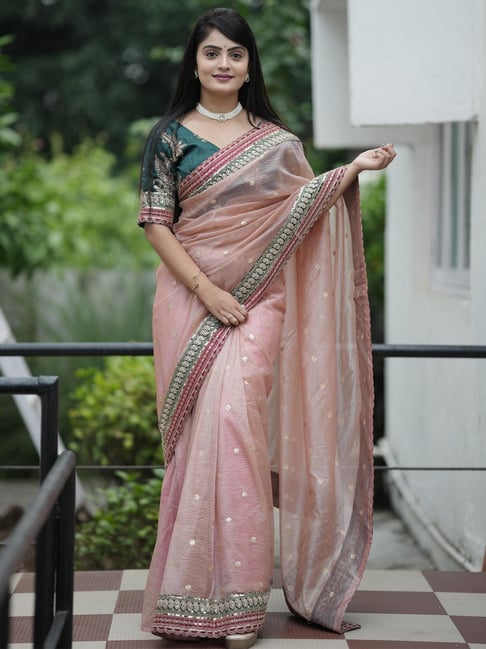 Saree Mall Peach Organza Embellished Saree with Blouse Piece-picture-18