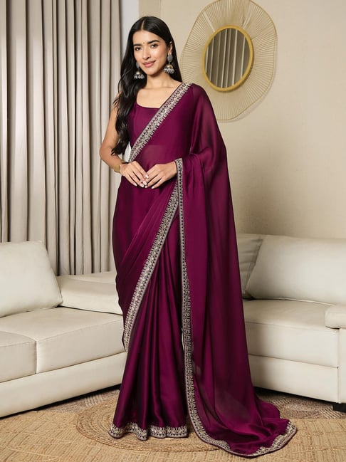 Saree Mall Magenta Satin Embellished Saree with Blouse Piece-picture-20