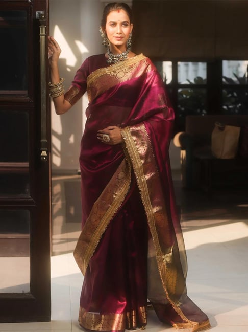 Saree Mall Magenta Organza Embellished Saree with Blouse Piece-picture-21