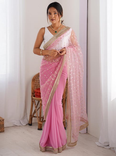 Saree Mall Pink Net Embellished Saree with Blouse Piece-picture-11