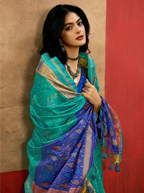 Saree Mall Teal blue Silk Self Saree with Blouse Piece-picture-23