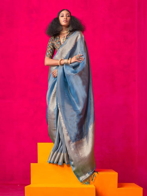 saree mall light blue organza self saree with blouse piece