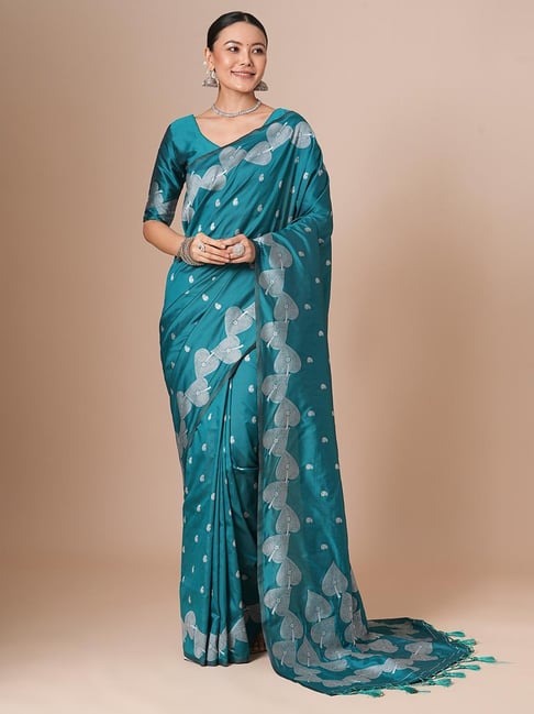 Saree Mall Blue Silk Self Saree with Blouse Piece-picture-36