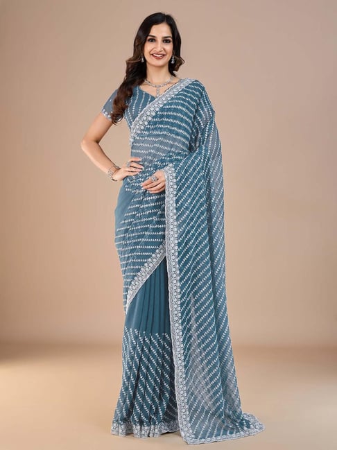 Saree Mall Teal blue Silk Embroidery Saree with Blouse Piece-picture-11