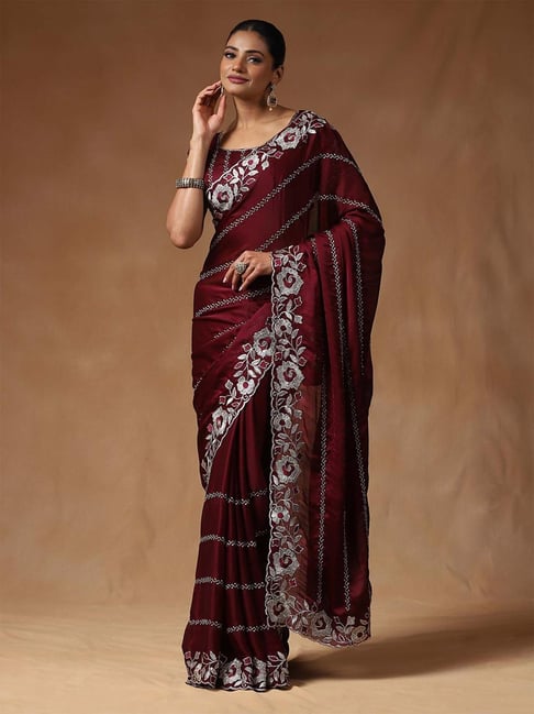 Saree Mall Burgundy Satin Embroidery Saree with Blouse Piece-picture-30
