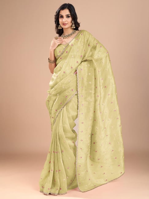 Saree Mall Yellow Organza Embroidery Saree with Blouse Piece-picture-13