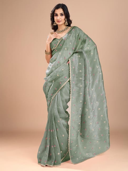 Saree Mall Sea Green Organza Embroidery Saree with Blouse Piece-picture-44