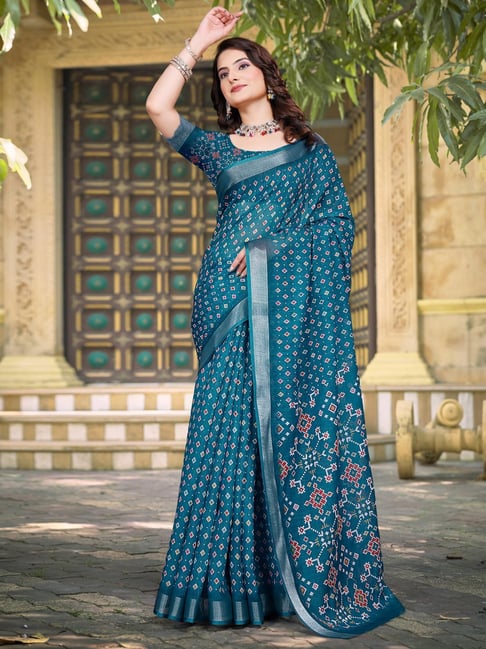 Saree Mall Teal blue Cotton Self Saree with Blouse Piece-picture-28