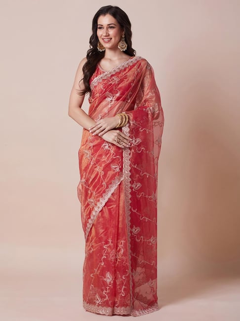 Saree Mall Orange Net Embroidery Saree with Blouse Piece-picture-16