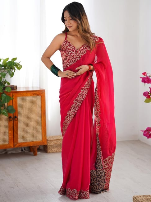 Saree Mall Pink Chiffon Embroidery Saree with Blouse Piece-picture-17