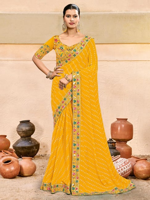 Saree Mall Yellow Georgette Self Saree with Blouse Piece-picture-39